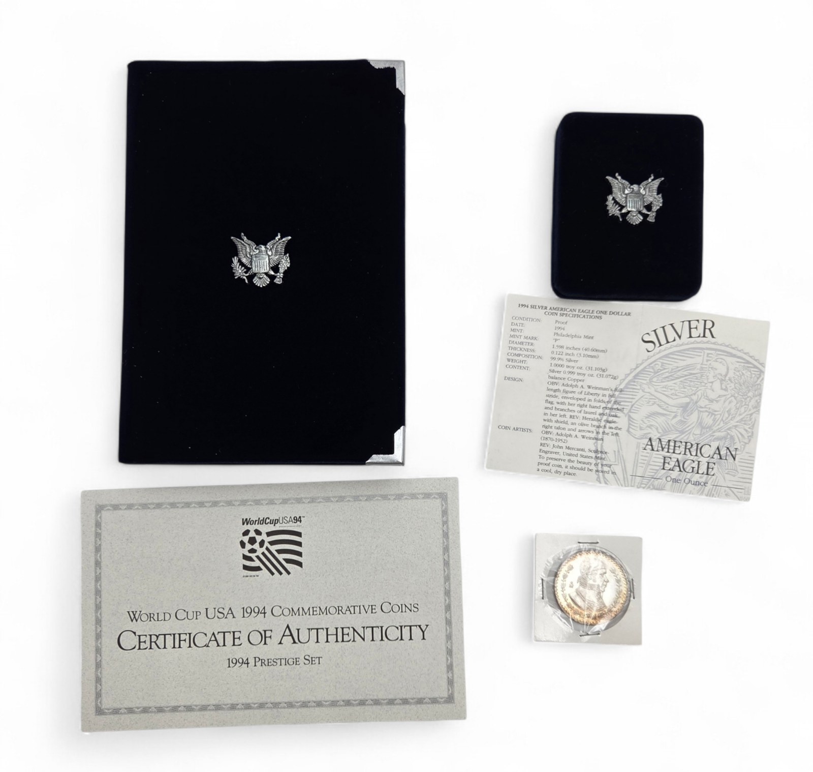 Over 1.8 Toz of Silver 1 oz Silver Eagle proof 1994, 1994 World Cup Prestige Set 0.7734 troy oz actual silver weight  1960 Mexico Un Peso Silver Coin - OGPCOA