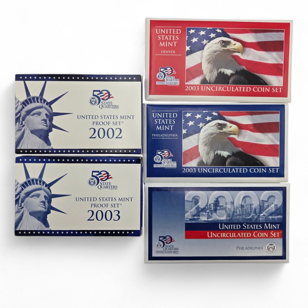 2002 & 2003 U.S. Mint Proof Sets  2002 & 2003 Uncirculated Mint Sets PD - 5 Set Coin Lot w COAs