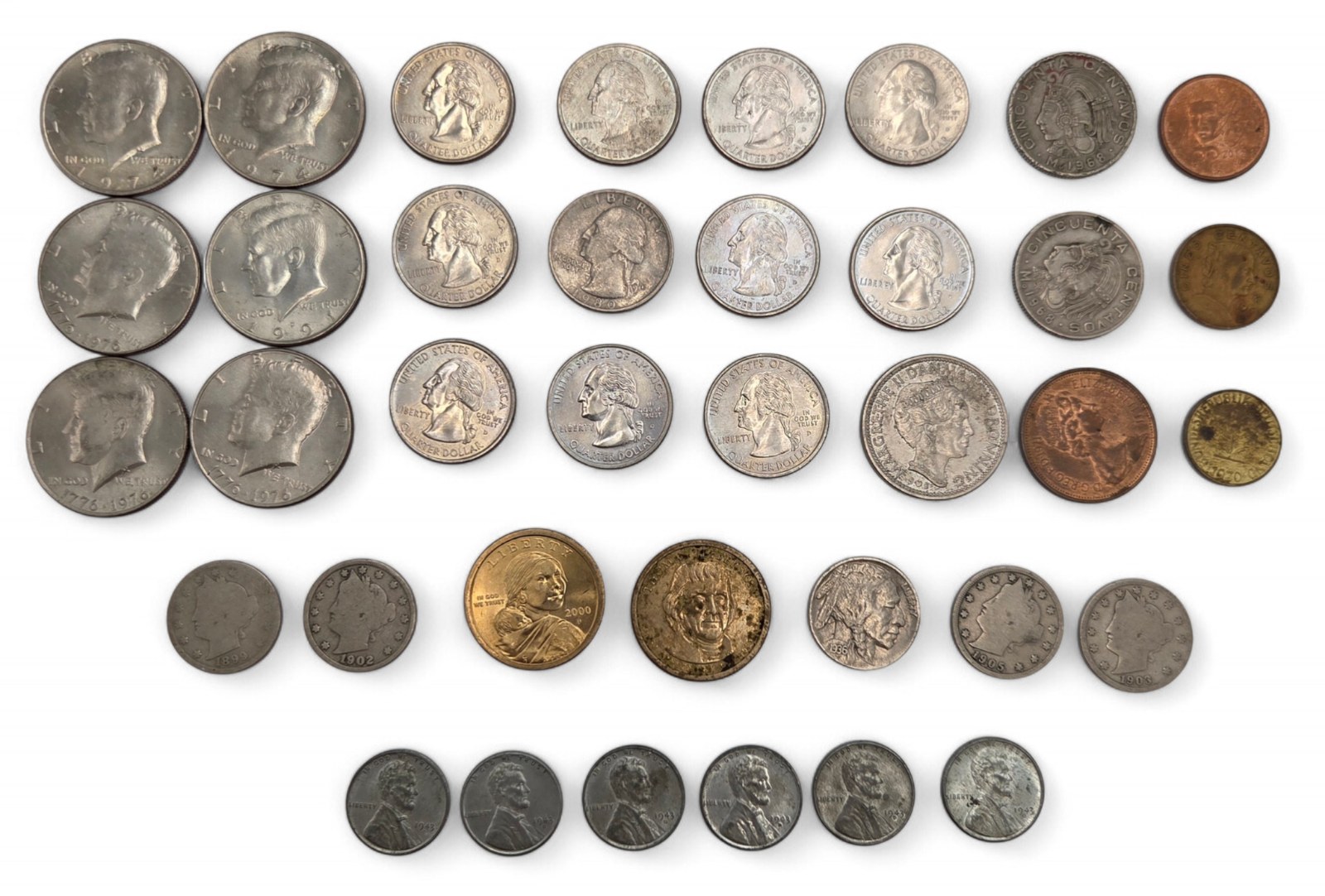Mixed U.S. & Foreign Coin Lot - Kennedy Halves, Quarters, 1905 Barber Quarter, 1936 Buffalo Nickel, 1943 Steel Cents, Foreign Coins