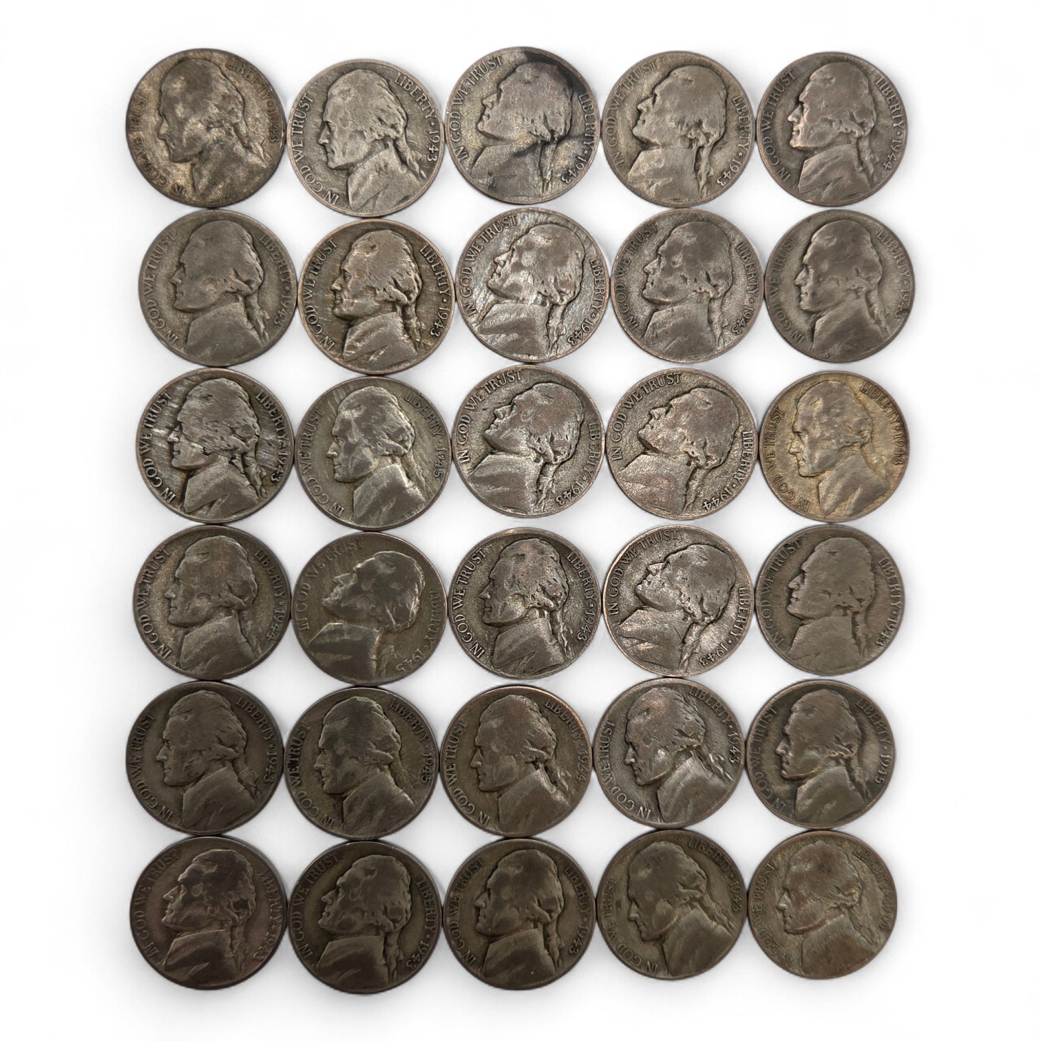 30 WWII Silver War Nickels - 35% Silver Jefferson Nickels - Mixed P D S Mint Marks - 1.6878 Troy Oz ASW