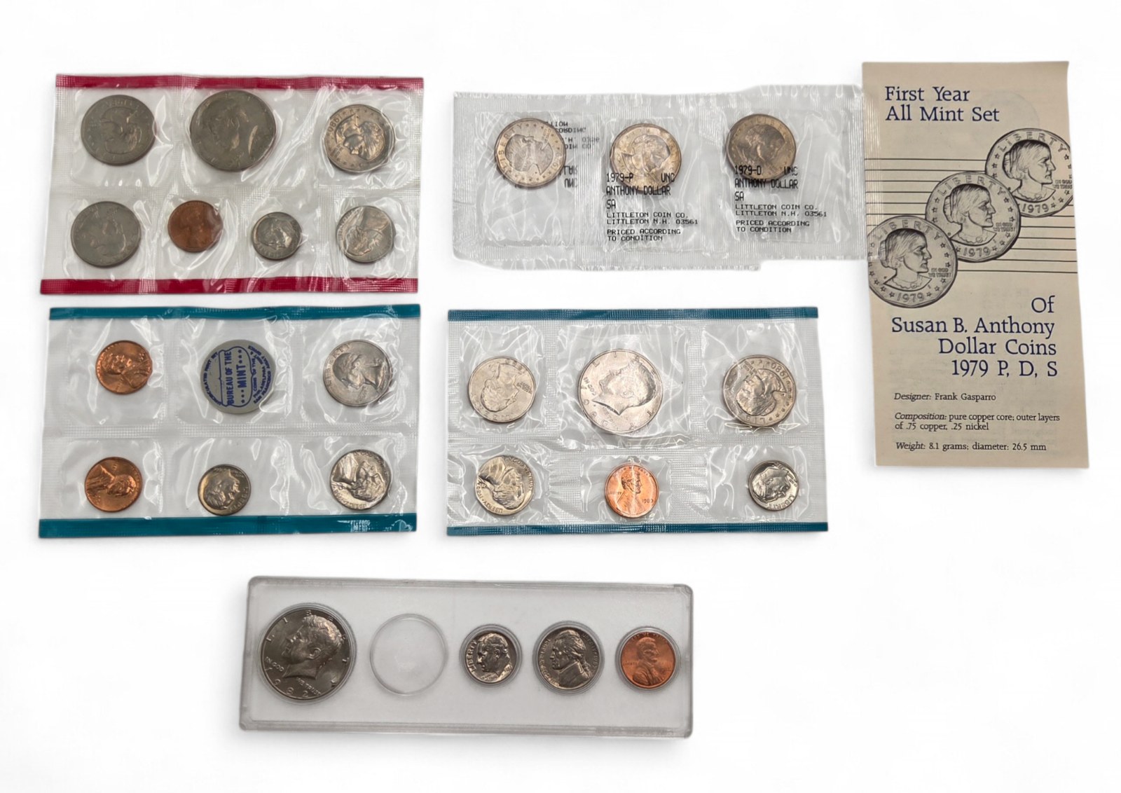 Susan B. Anthony 1979 P D S First Year Set  1996 Summer Games Coin Strips  Mixed U.S. Coin Display Lot