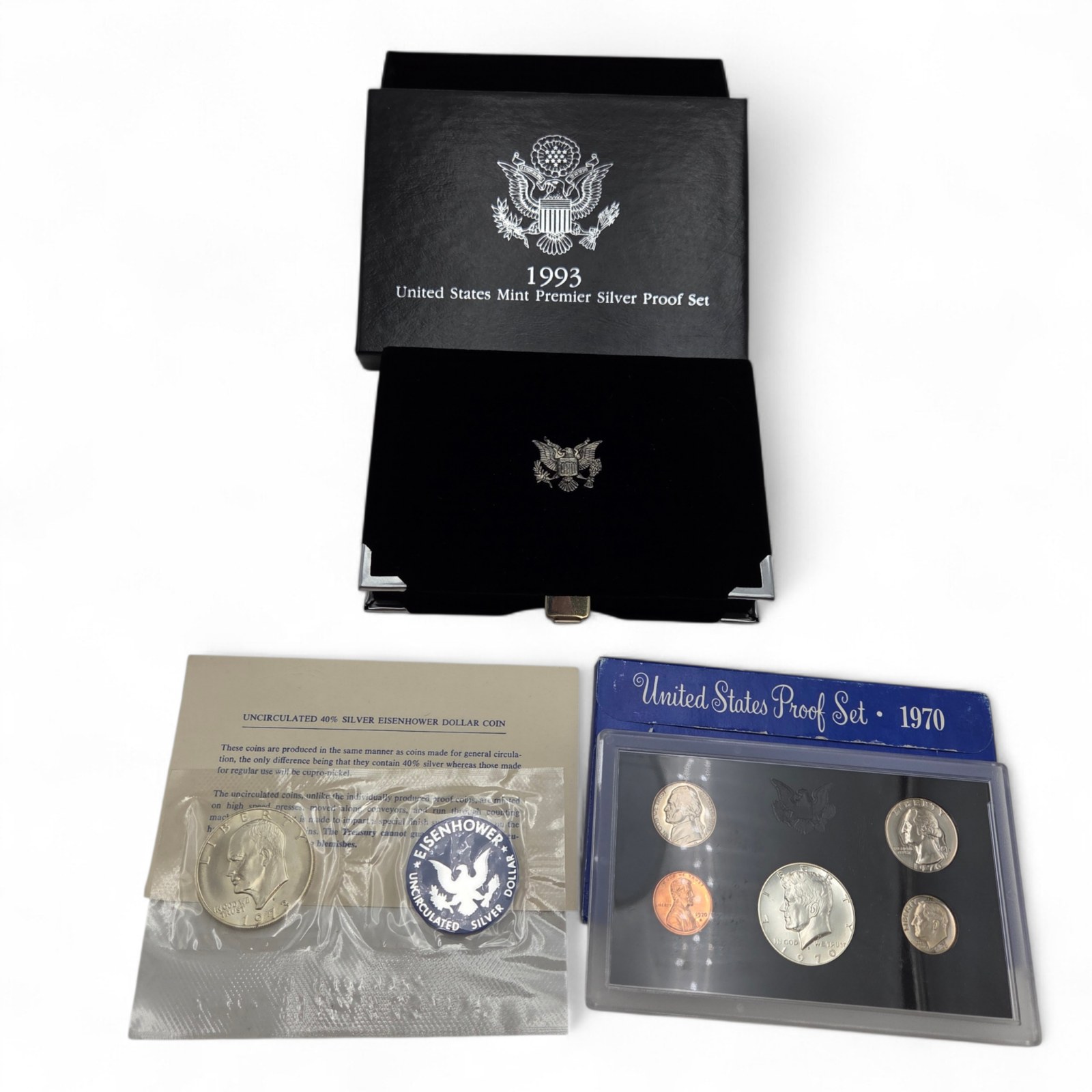 1993 Premier Silver Proof Set  1970 Proof Set  1973 40% Silver Eisenhower Dollar - Over 1.07 Troy Oz Silver