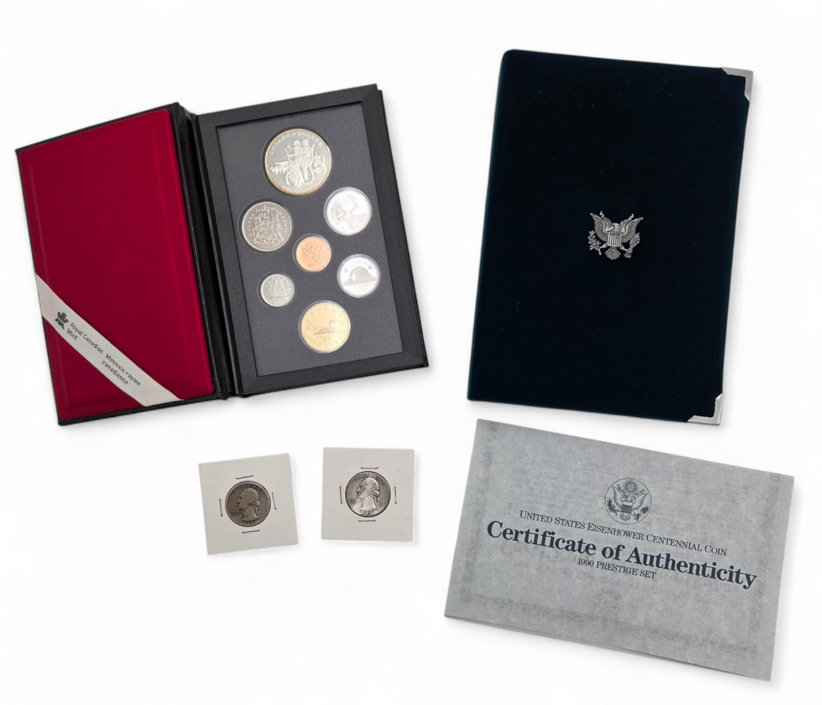 1990 U.S. Prestige Set  1990 Royal Canadian Mint Set  1935 & 1943 Silver Washington Quarters - Better Mixed Coin Lot