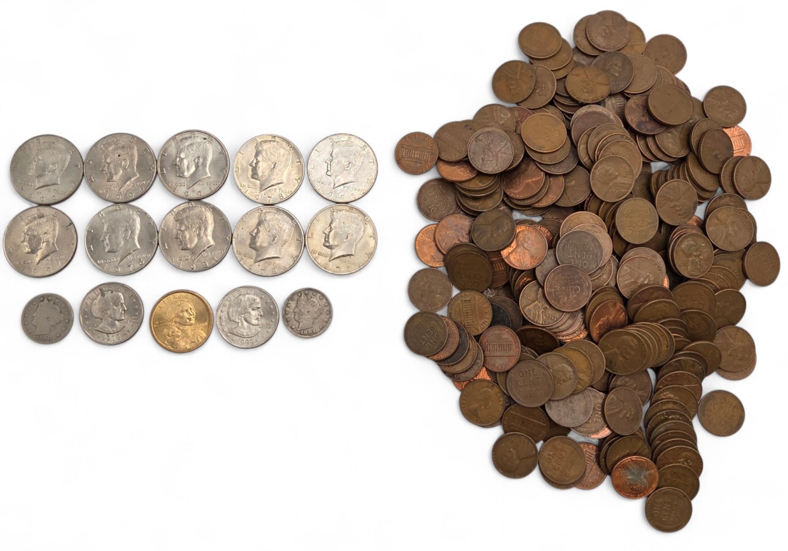 2 LB Unsearched Pennies  10 Kennedy Half Dollars  Barber Quarter & Dime  Dollar Coins - Estate Coin Lot