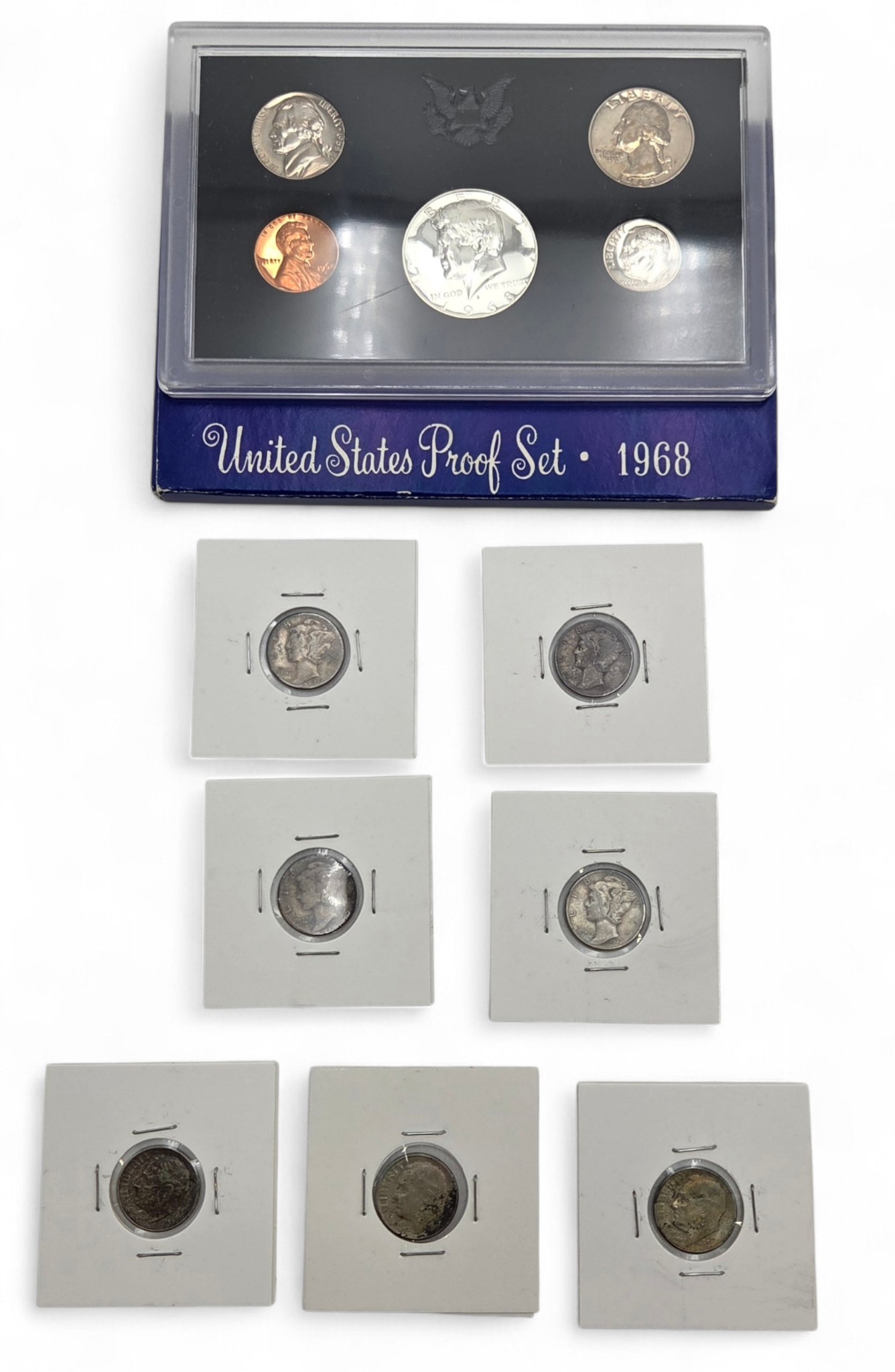 1968 U.S. Proof Set  7 Silver Dimes - 1916 1920 1938 1944 Mercury & Roosevelt Dimes - Over .65 Troy Oz Silver
