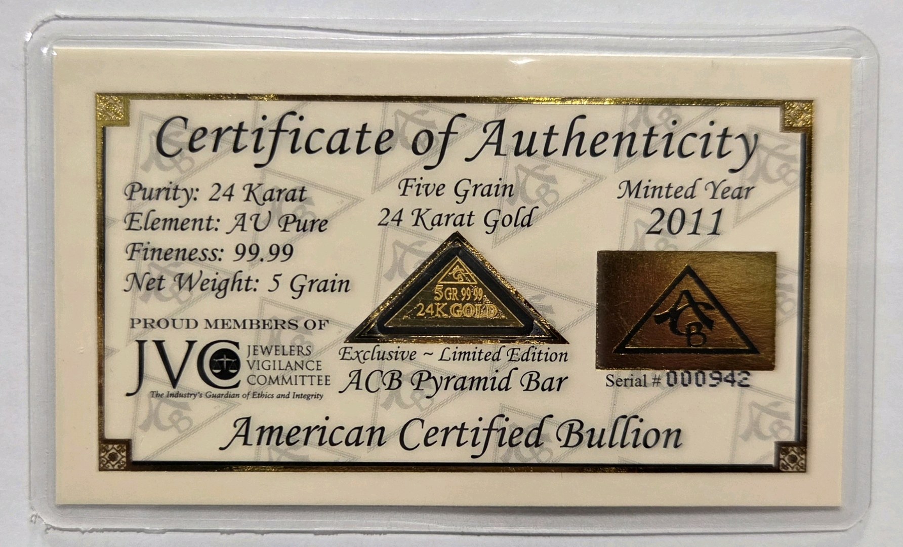 ACB Pyramid Bar 24K Gold 5 Grain Bullion Card - 2011 American Certified Bullion - Serial #000942