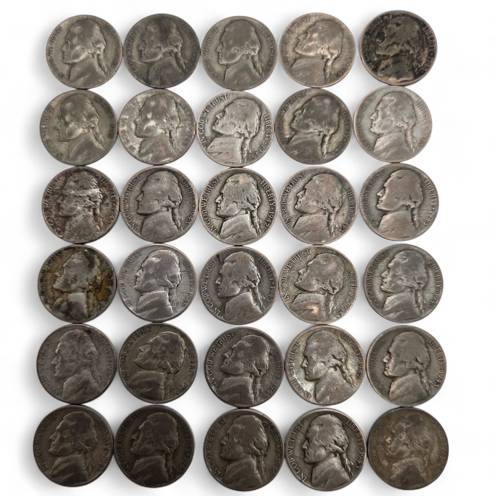 30 WWII Silver War Nickels - 35% Silver Jefferson Nickels - P D S Mint Marks - Over 1.68 Troy Oz Silver