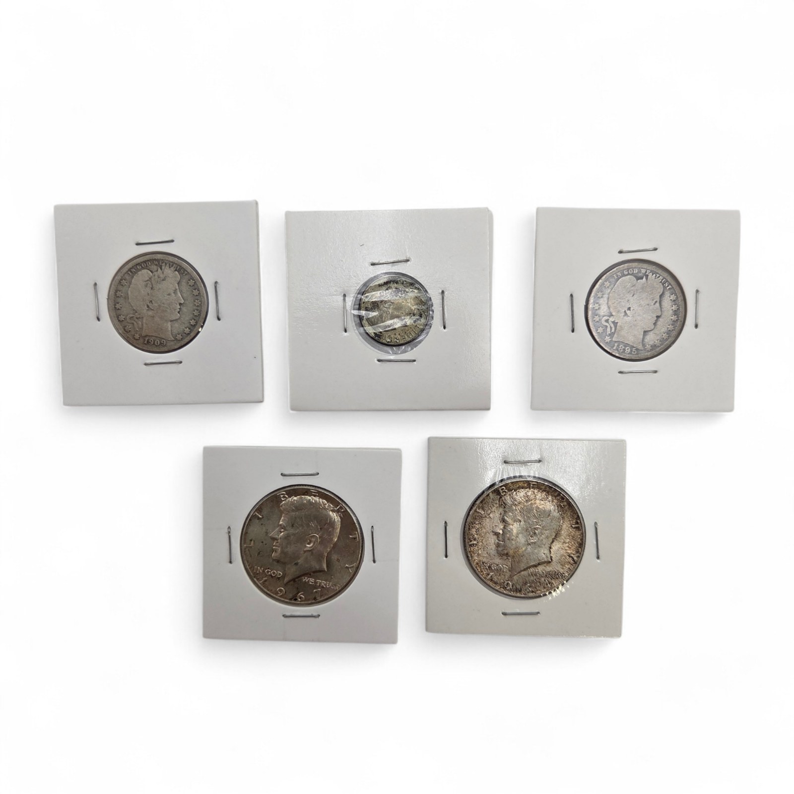 5 Silver Coin Lot - 1964 kennedy half, 1895-O Barber Quarter, 1909 Barber Quarter and more