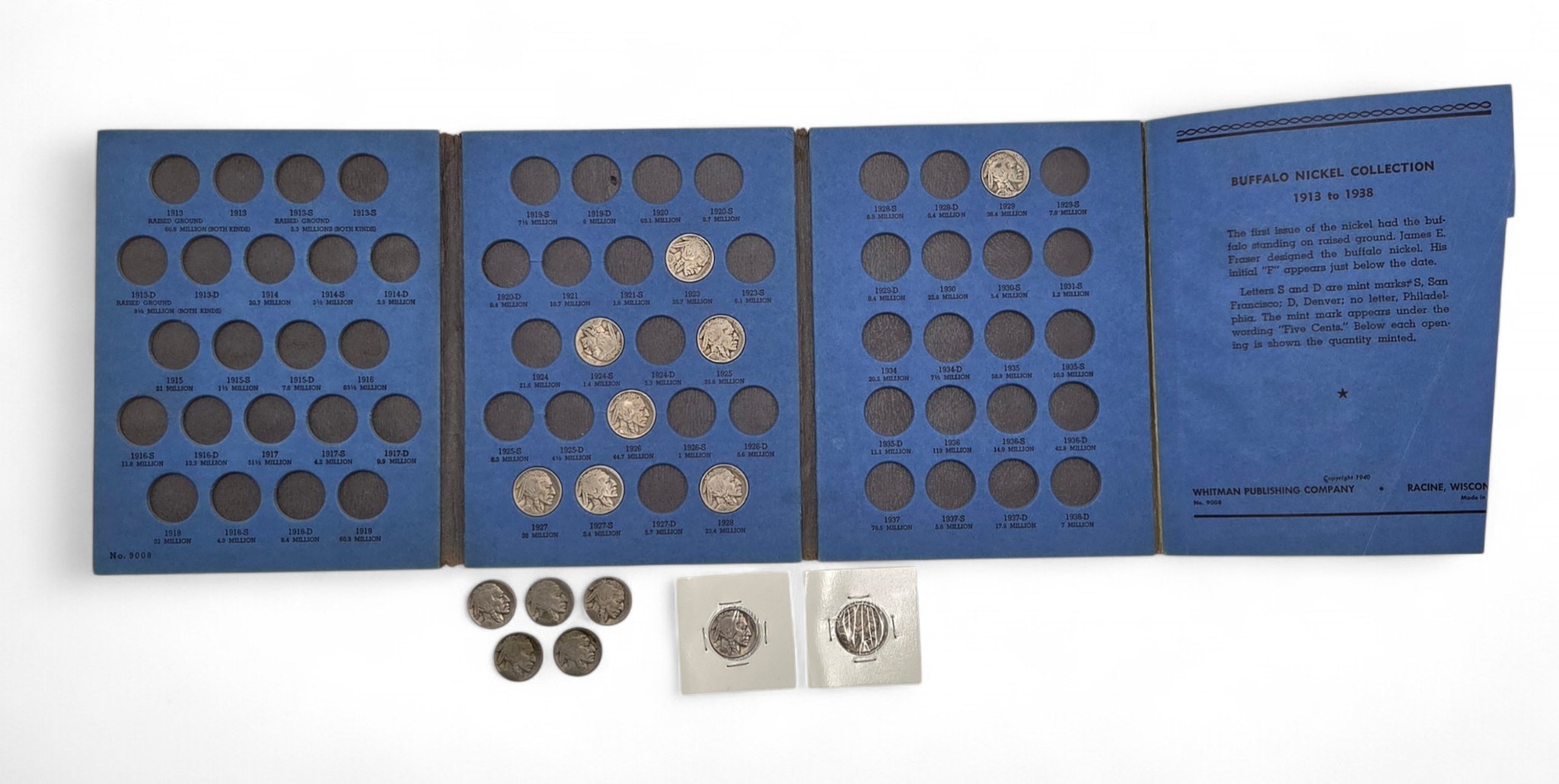 15 Buffalo Nickels  Starter Album Lot - 1924-S 1927-S 1923 1925 1926 1927 1928 1929 1936 1937 - Vintage U.S. Coins