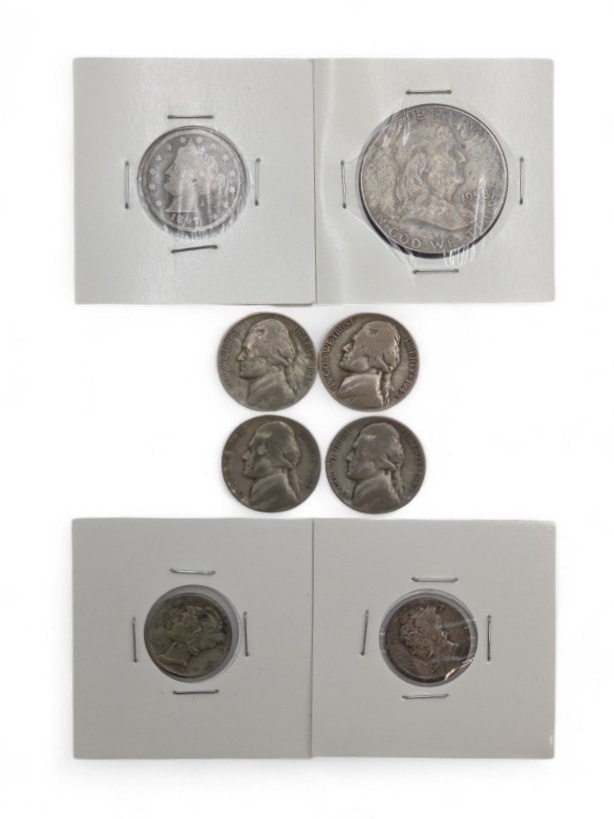 U.S. Silver Coin Lot 1897 Barber Quarter 1958 Franklin Half 1942 Mercury Dime 4 Silver War Nickels Liberty V Nickel