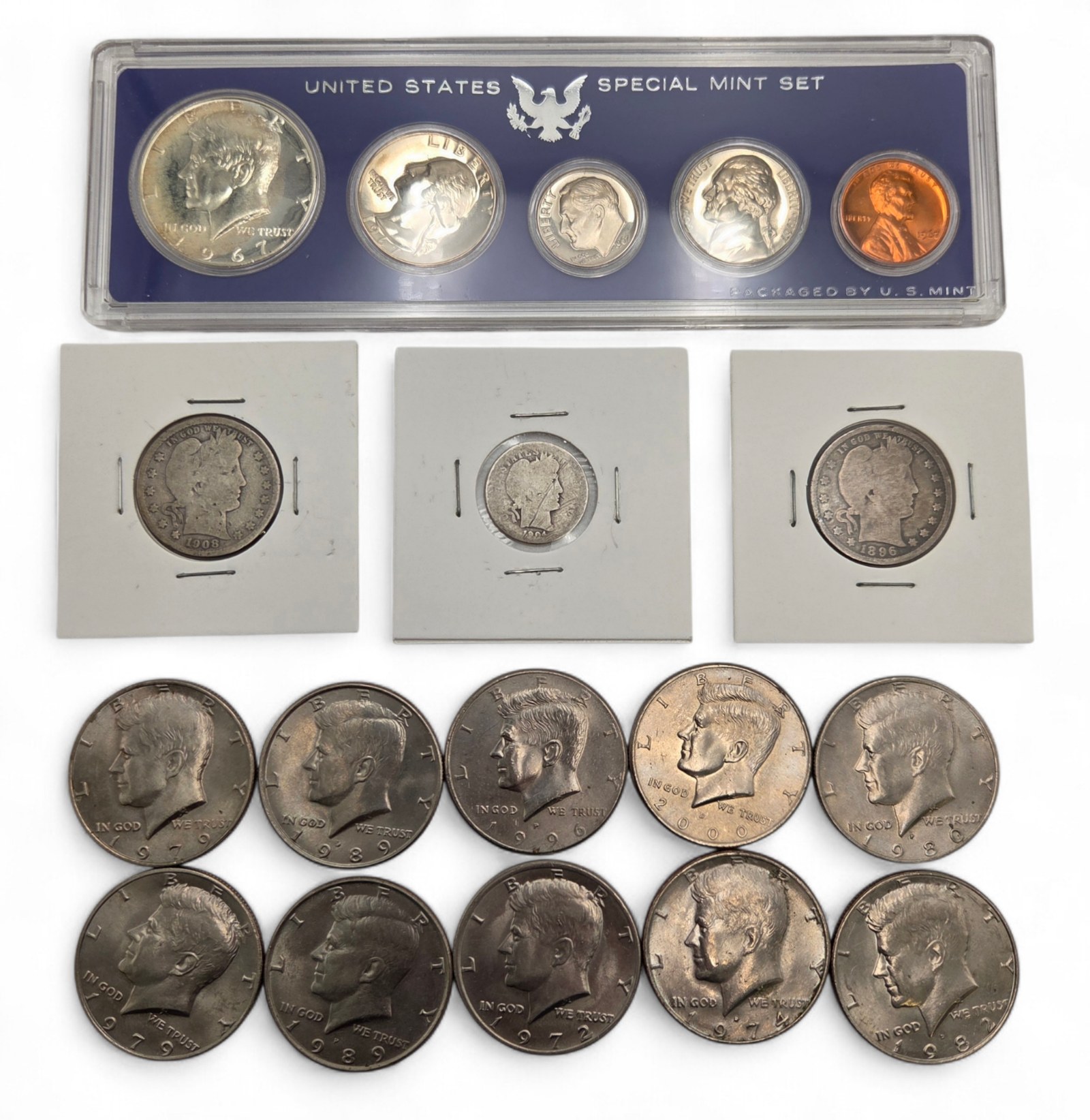 SILVER U.S. COIN LOT  1967 SPECIAL MINT SET  10 KENNEDY HALF DOLLARS  1908 & 1896 BARBER QUARTERS  1904 BARBER DIME  90% & 40% SILVER