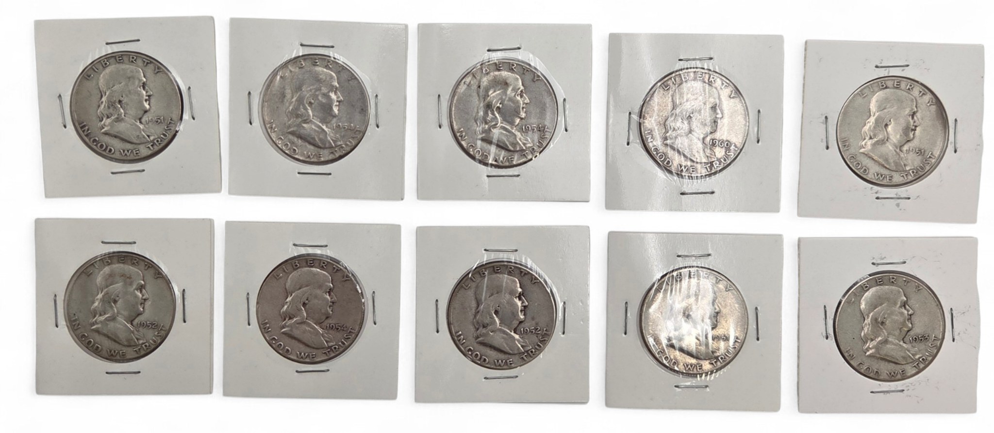 10 Franklin Half Dollars - 90% Silver Lot - Over $250 Melt Value - 3.6169 Troy Oz Pure Silver