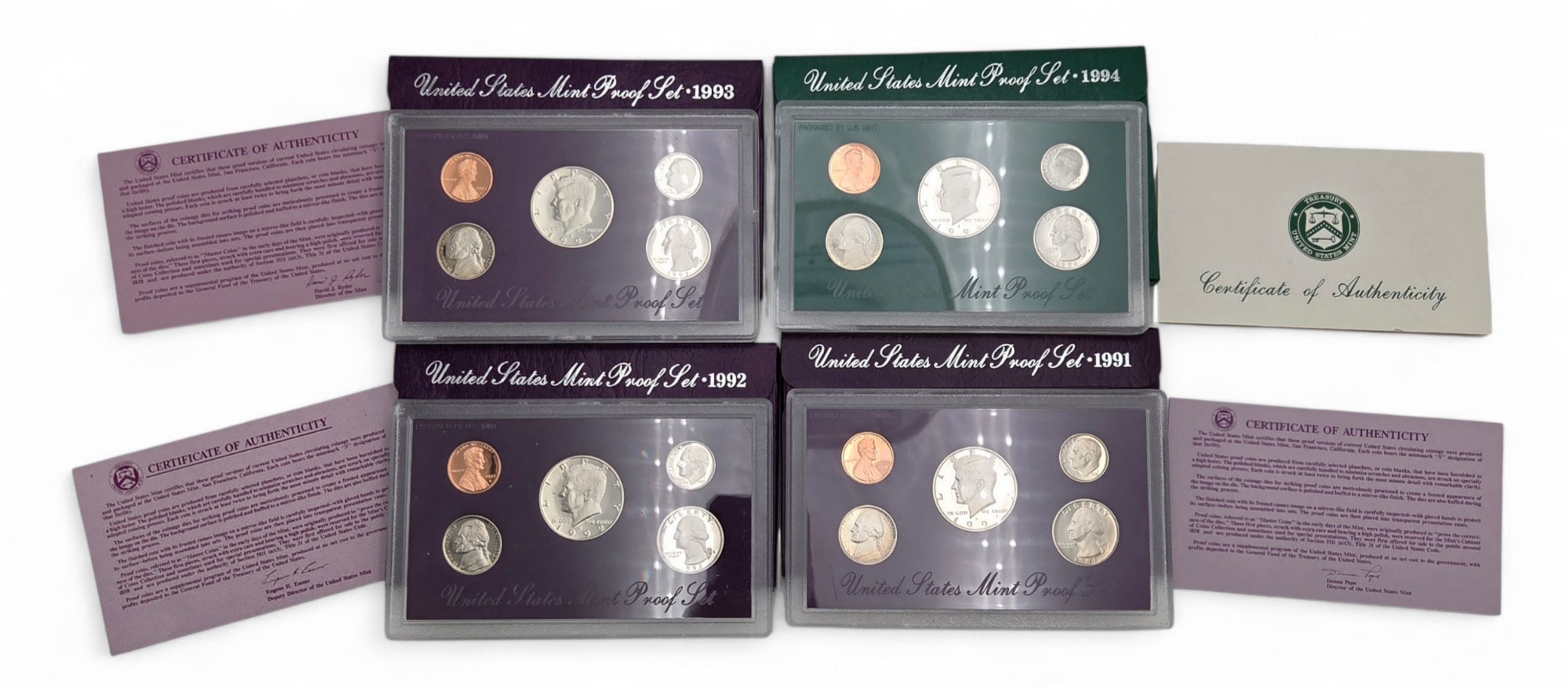 1991 1992 1993 1994 U.S. Mint Proof Set Lot - 4 Original Sets w COAs - Estate Coin Collection