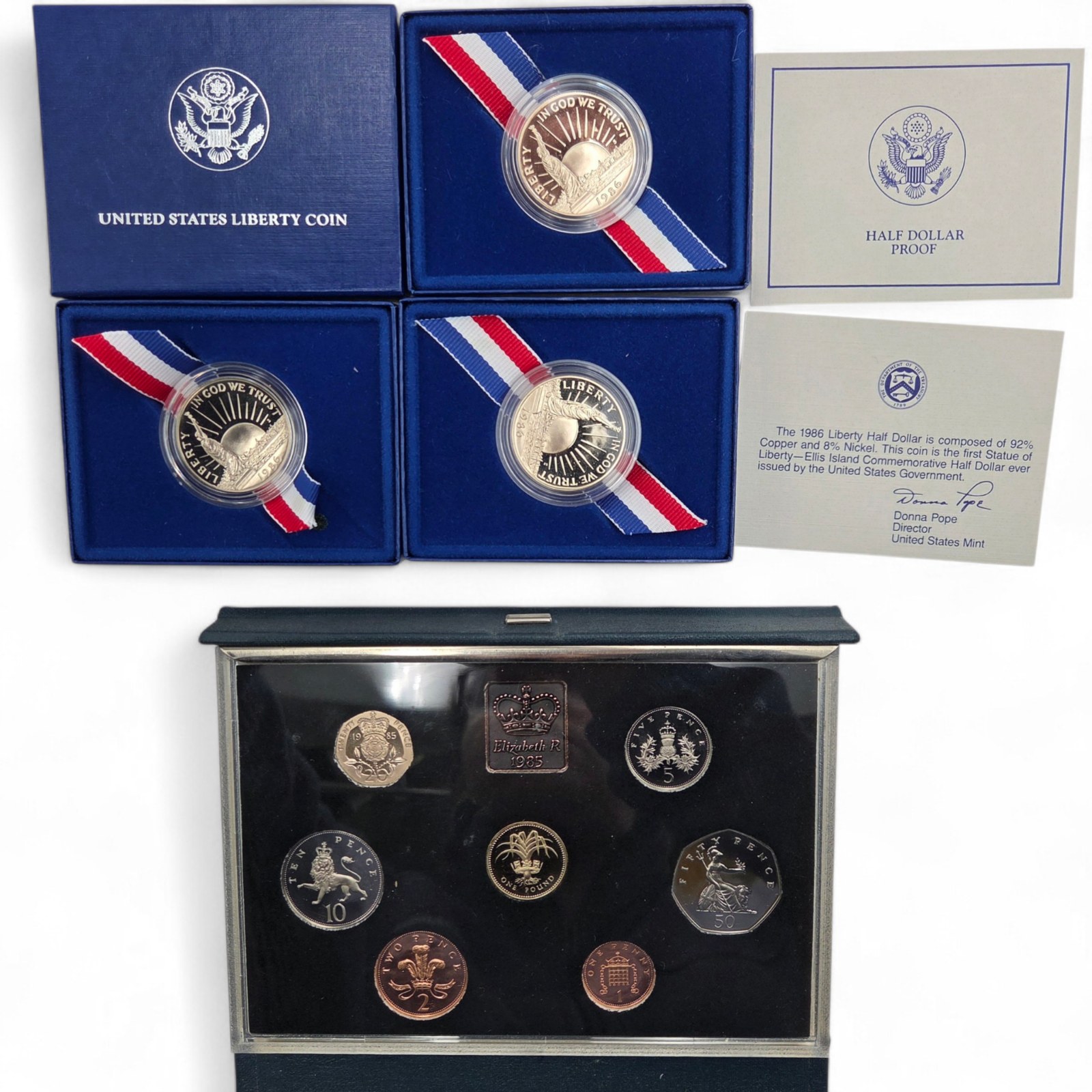 1986 Liberty Half Dollar Proof Lot x3  1985 United Kingdom Proof Coin Set - Original BoxesCOA - Estate Collector Group
