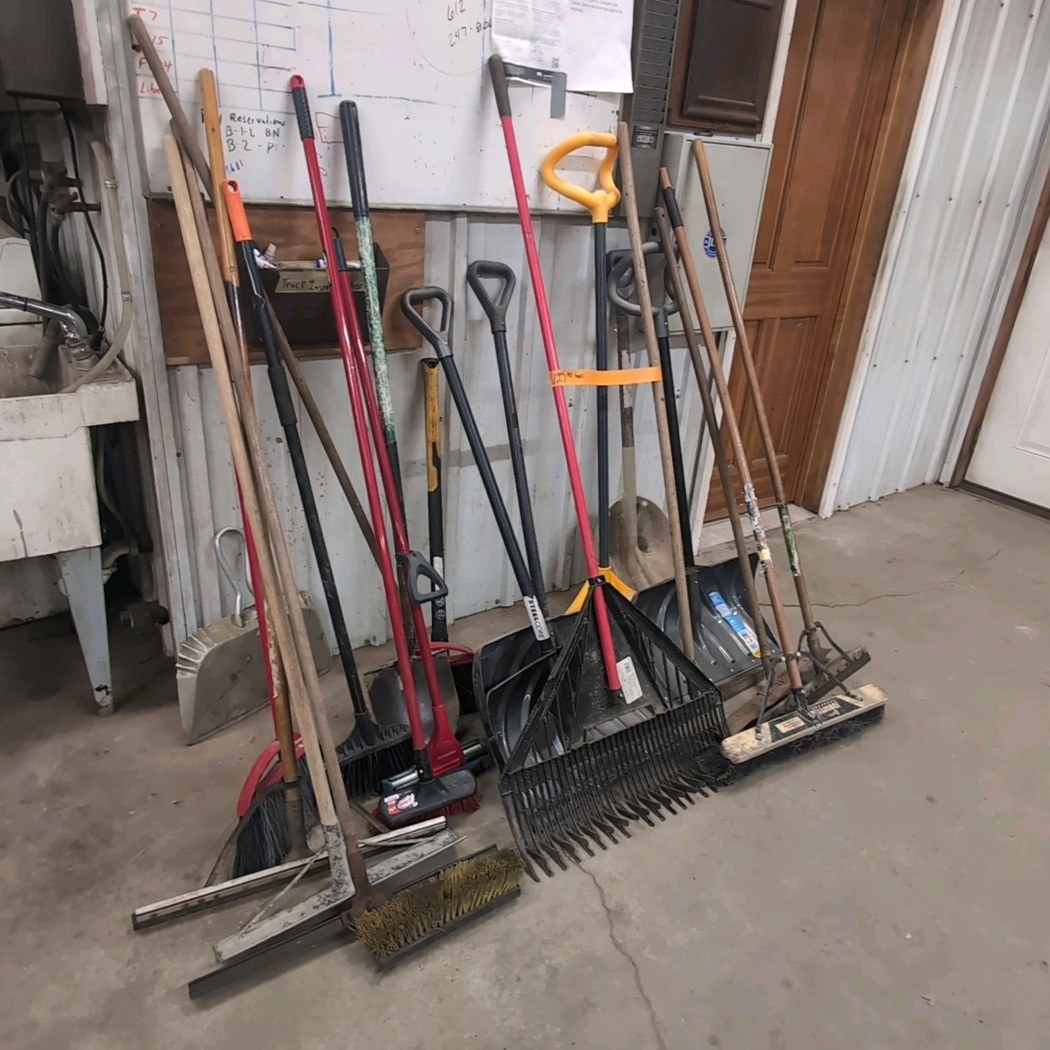 Rakes, brooms, shovels, squeegees, axe