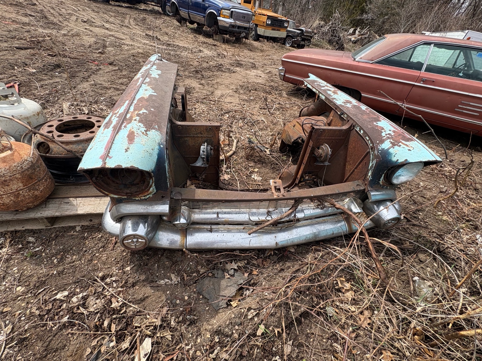 Chevrolet front end of classic car, probably 1957
