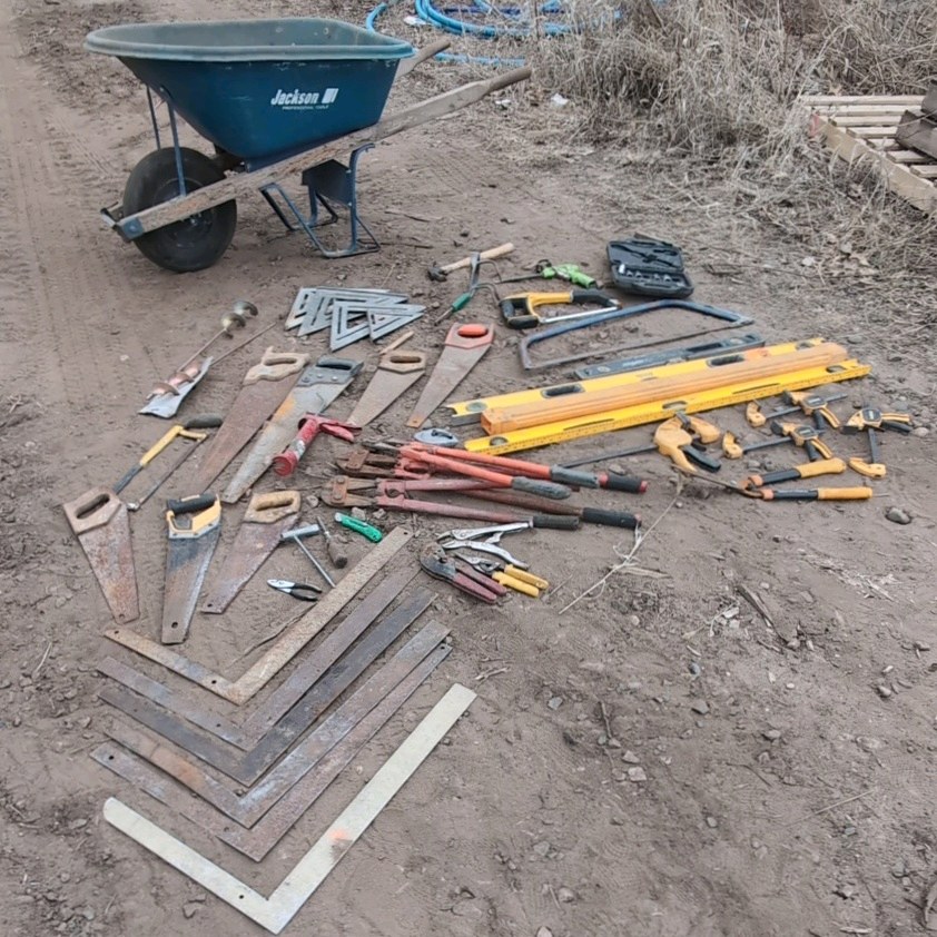 Wheelbarrow lot of assorted tools