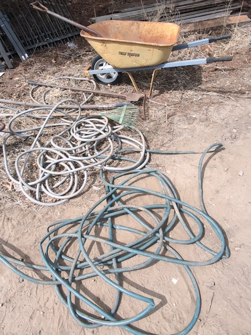 True Temper Wheel barrel, yard tools, hoses