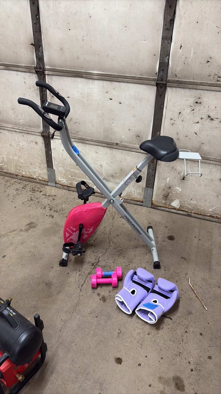 ProForm Exercise Bike, 2# bar bells, Fiving box gloves