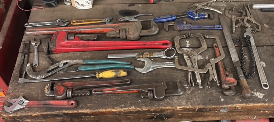 (2) heavy duty pipe wrenches  assorted tools