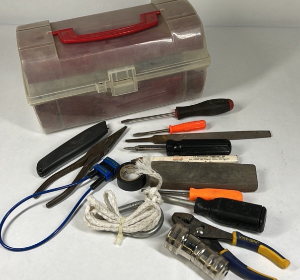 Lot of Hand Tools Screwdrivers Pliers Files Knife Flashlight Tool Box