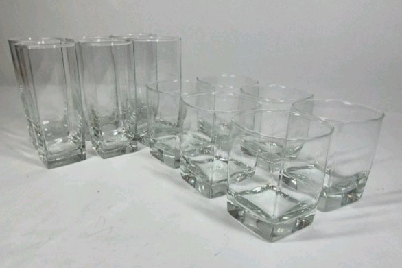 8 Pc Clear Glass Drinkware Set Tall Highball & Square Rocks Glasses