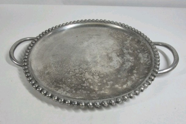 Round Metal Serving Tray with Handles Beaded Edge Decorative Tray