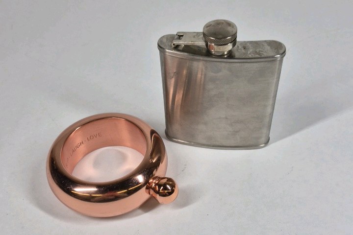 Lot of 2 Flasks Stainless Steel 5oz Hip Flask and Blush Ring Flask