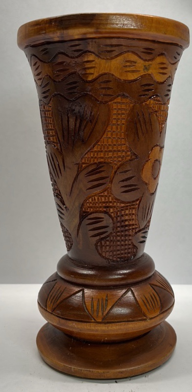 Vintage Hand Carved Wood Vase Floral Pattern Decorative Piece
