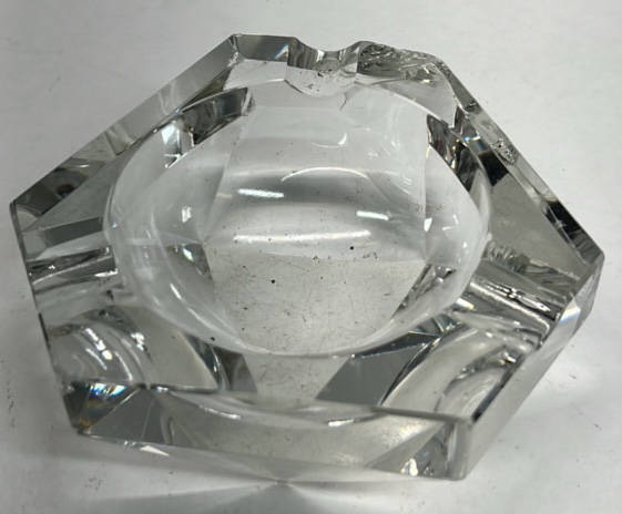 Vintage Cut Crystal Glass Ashtray Faceted Heavy Geometric Design