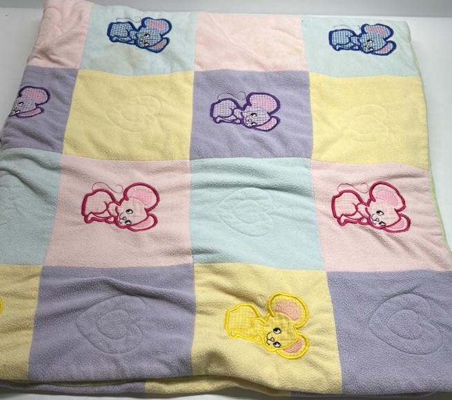 Handmade Baby Quilt Mouse Embroidery Patchwork Pastel Crib Blanket