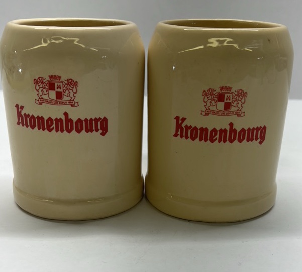 Kronenbourg Ceramic Beer Steins Lot of 2 Vintage Barware Mugs France