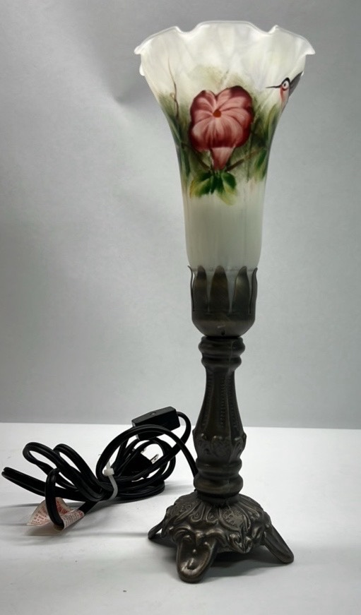Vintage Hand Painted Glass Floral Table Lamp Metal Base Accent Lighting