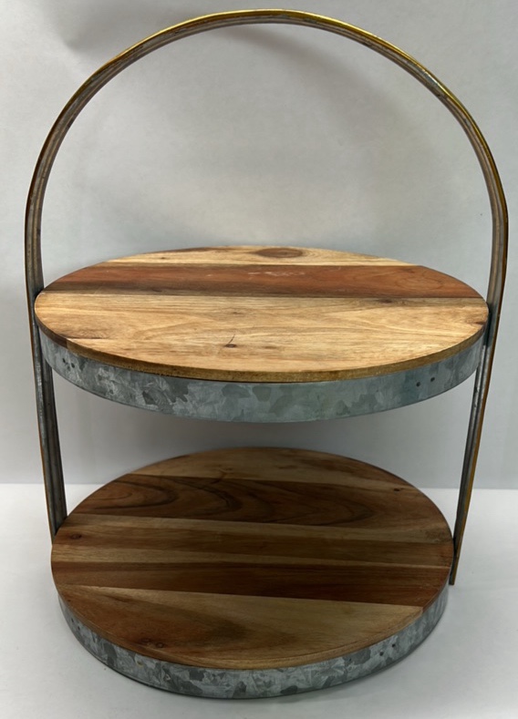 Two Tier Wood Metal Serving Tray Stand Round Farmhouse Tabletop Organizer
