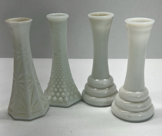 Milk Glass Bud Vases Lot of 4 Vintage Hobnail Paneled Floral Small Vases