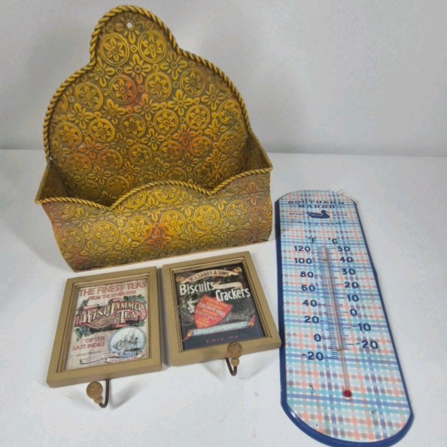 Vintage Kitchen Wall Decor Lot of 4 Tin Wall Pocket Hooks Thermometer Plaques