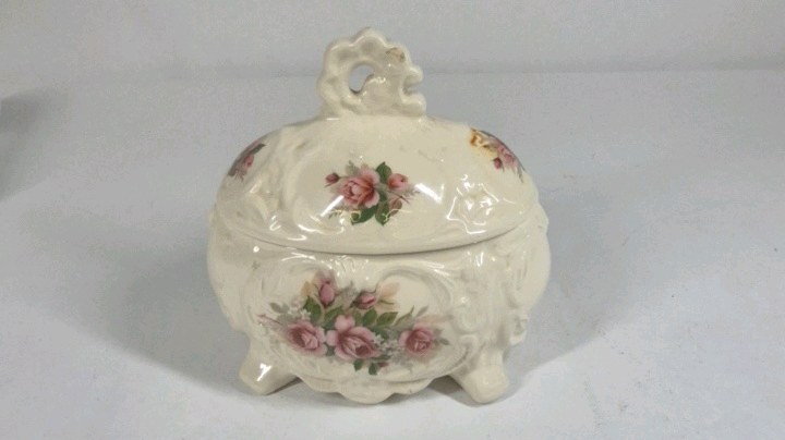 Floral Porcelain Trinket Box Footed Jewelry Dish Pink Rose Lidded Vanity Box