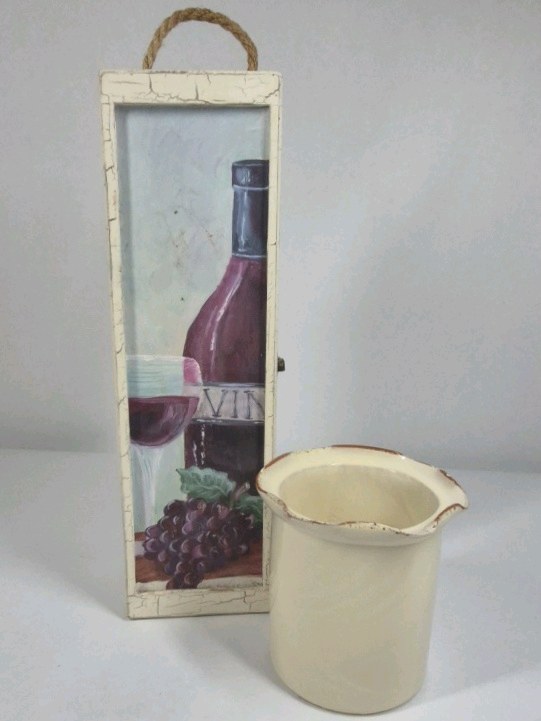Pier 1 Imports Ceramic Pitcher Italy Cream Glaze Jug Decorative Wine Bottle Wood Box Cabinet
