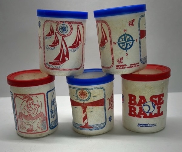 Libbey Vintage Styrofoam Cups Nautical Sailboat Lighthouse Baseball Graphics Lidded