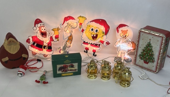 Mixed Christmas Holiday Decor Lot Spongebob Lights Santa Lanterns Train Tin Vintage Assortment