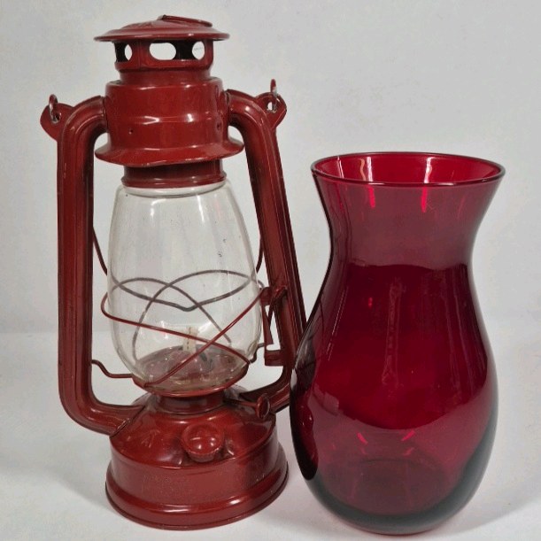 Red Metal Lantern Clear Glass Hurricane Lamp Red Glass Vase Decor Pair
