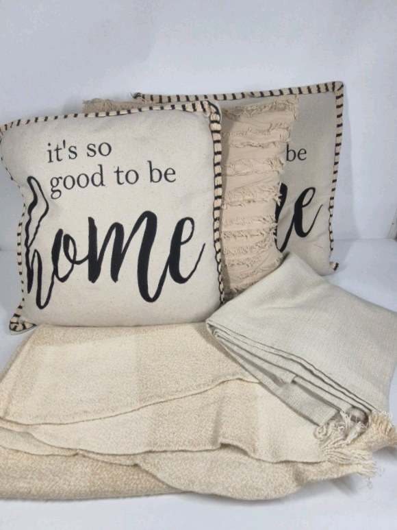 Decorative Pillows, Throw Blanket, and Table Cloth, Neutral Home Decor Set