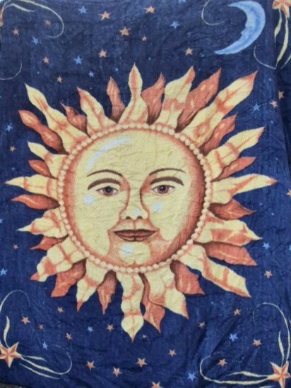 Celestial Sun Face Blanket, 8 ft x 8 ft, Yellow Blue Cosmic Design
