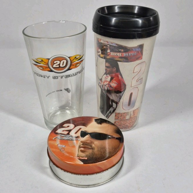 Tony Stewart #20 NASCAR Glass Tumbler Travel Mug Tin Collectible Set Home Depot
