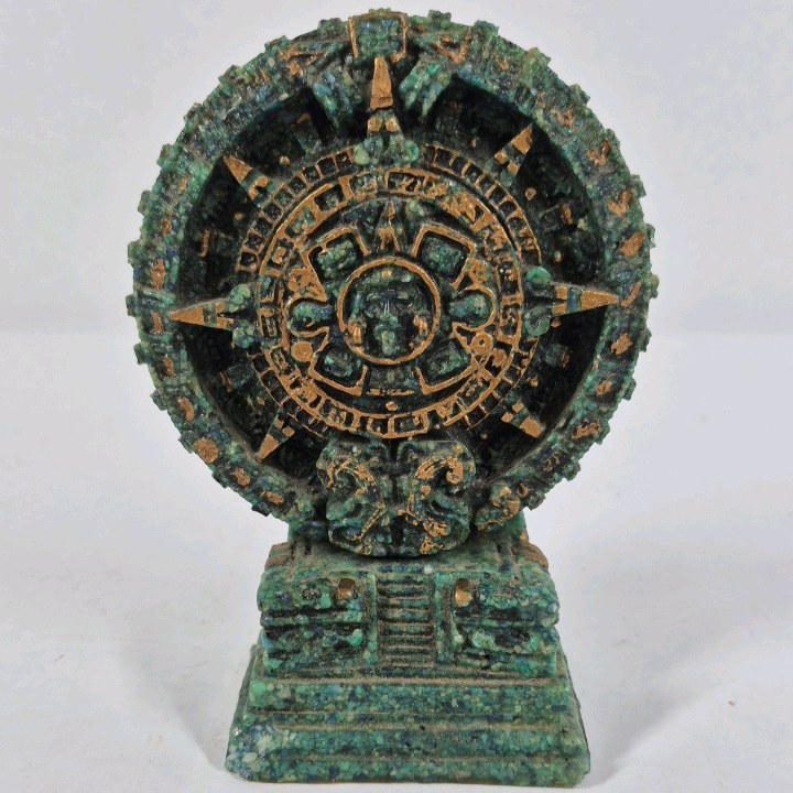 Aztec Mayan Calendar Stone Sculpture Green Patina Decorative Statue
