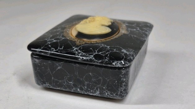 Vintage Style Cameo Jewelry Trinket Box Black Marble Look Hinged Case