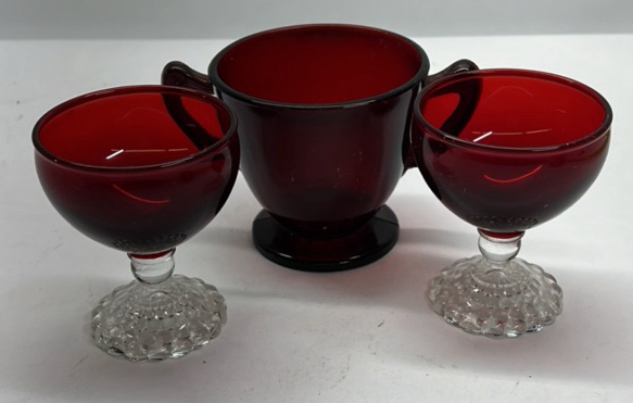 Ruby Red Glass Creamer Sugar Bowl Pedestal Cups Set Vintage Style