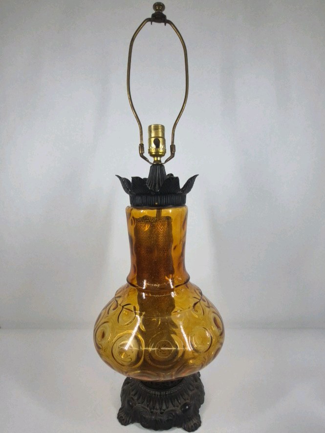 Vintage Amber Glass Table Lamp Embossed Pattern Black Base Mid Century Style