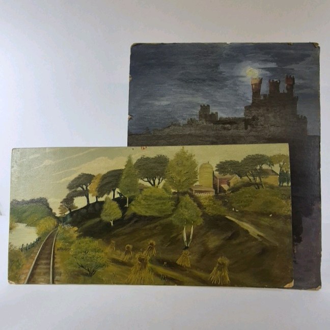Original Landscape Paintings Lot Hillside Trees Castle Scene Signed Artwork