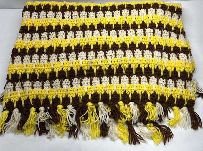 Handmade Crochet Afghan Throw Blanket Yellow Brown Cream Striped Fringe